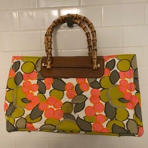 Milly Floral Canvas Tote with Bamboo Handles in Pink, Olive & Brown